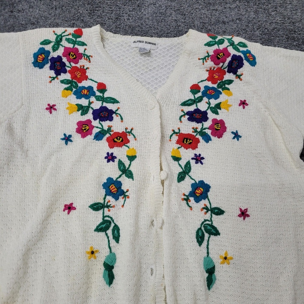 Alfred Dunner Cardigan Womens Size L Cream Floral Embroidered Short Sleeve Knit